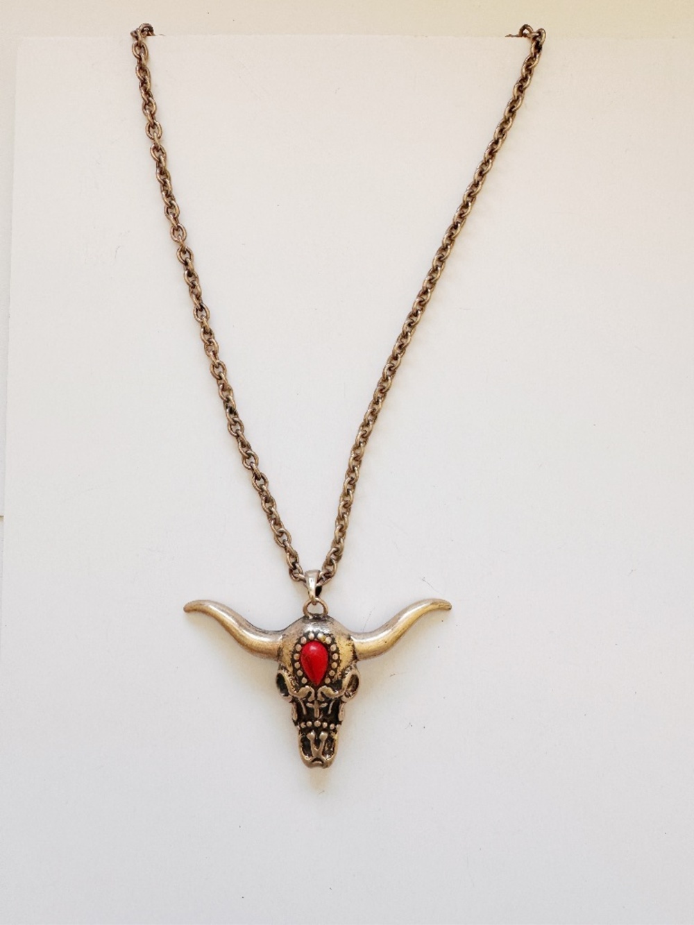 Longhorn Skull Necklace Western Cow Skull Pendant Red Stone Boho Jewelry